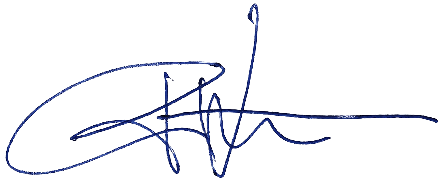 Petri's handwritten signature in dark blue ink. Only the letters P and K are barely legible in the signature.