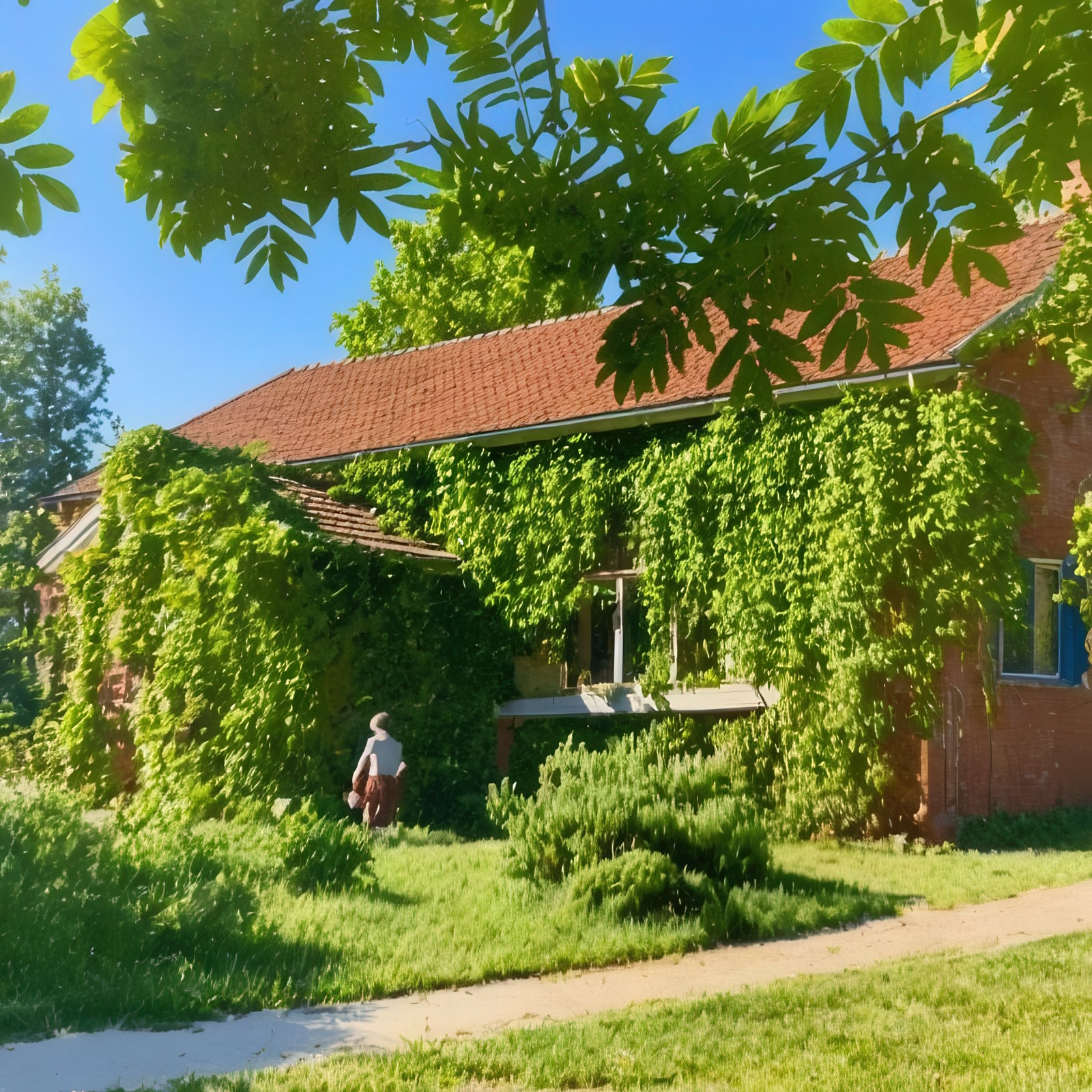 A house covered in green ivy with a red tiled roof. A figure is walking in front of the house amidst lush greenery.